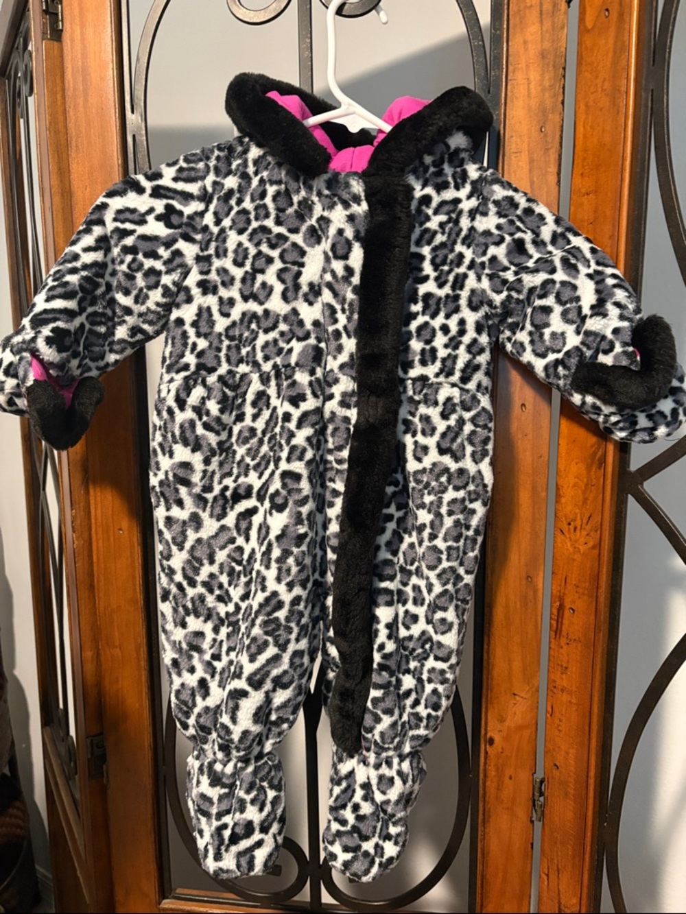 Leopard Print Infant Snowsuit - Black, White & Pink